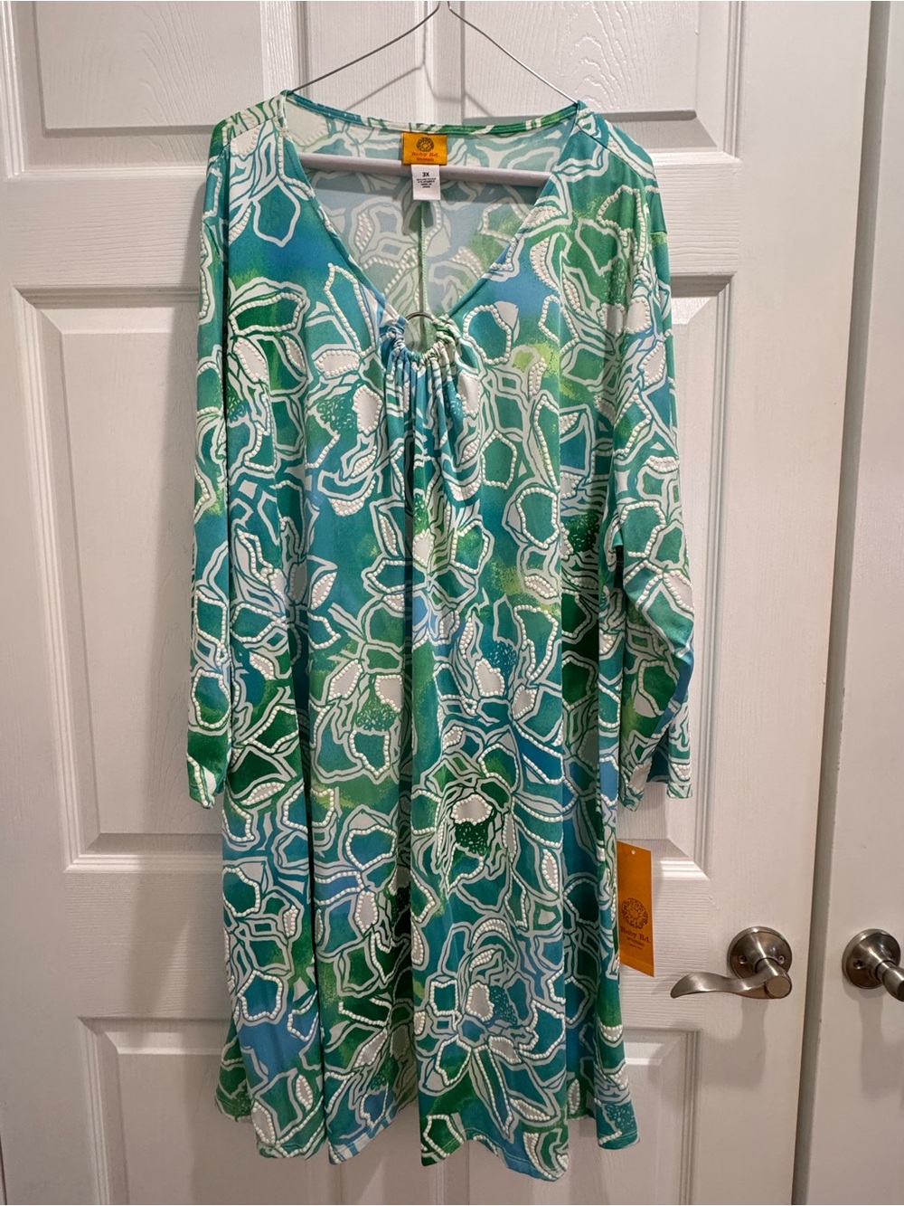 Ruby Rd. Green and Blue Floral Tie-Front Long Sleeve Dress